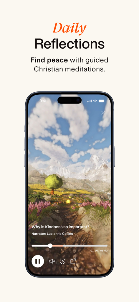 Smartphone screen showing a guided Christian meditation interface with a serene mountain landscape background
