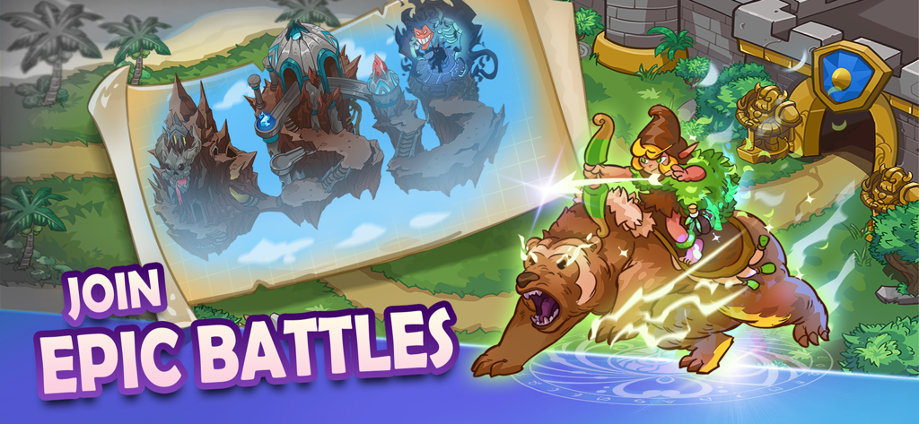 King of Defense 2: Castle TD - Elf archer riding a powerful bear next to a tactical world map and a castle gate