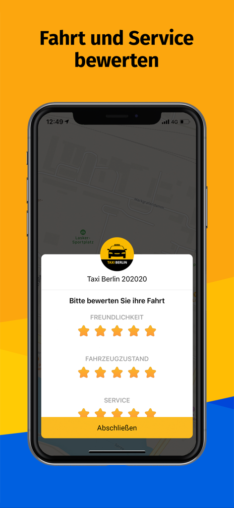Screenshot of the taxi.eu mobile app interface for rating ride service and vehicle condition.
