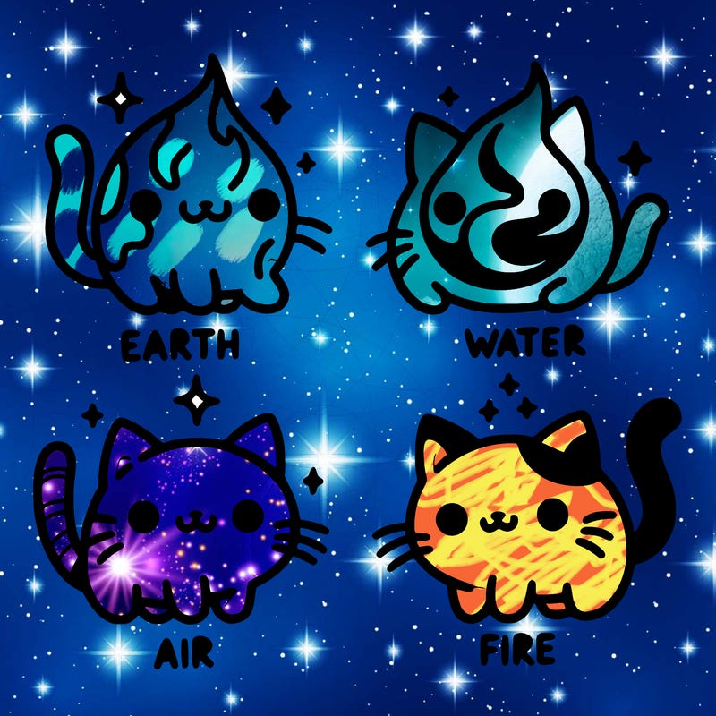 4 cats that represent the different elements, earth, water, air, and fire