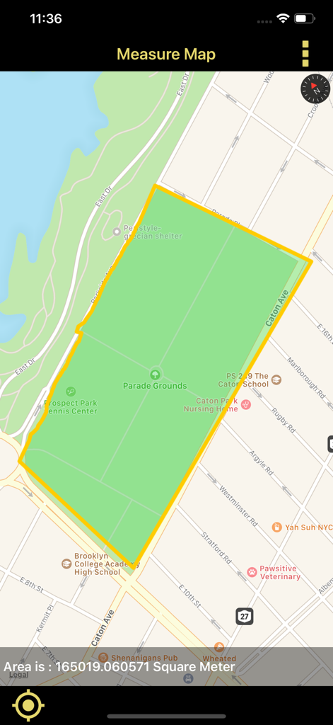 Distance & Area Measure On Map - Interface of a mobile app measuring a land area polygon on a map in square meters