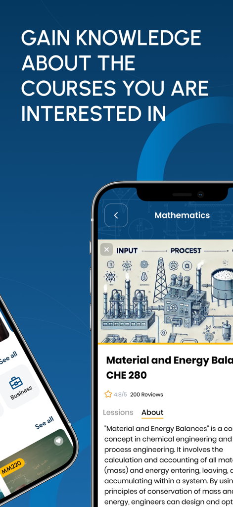 Screenshot of the Bright app showing Mathematics course details for Material and Energy Balances with a chemical engineering illustration
