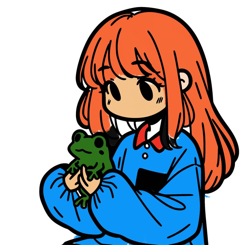 girl with long hair and a oversized shirt. and she is holding a frog