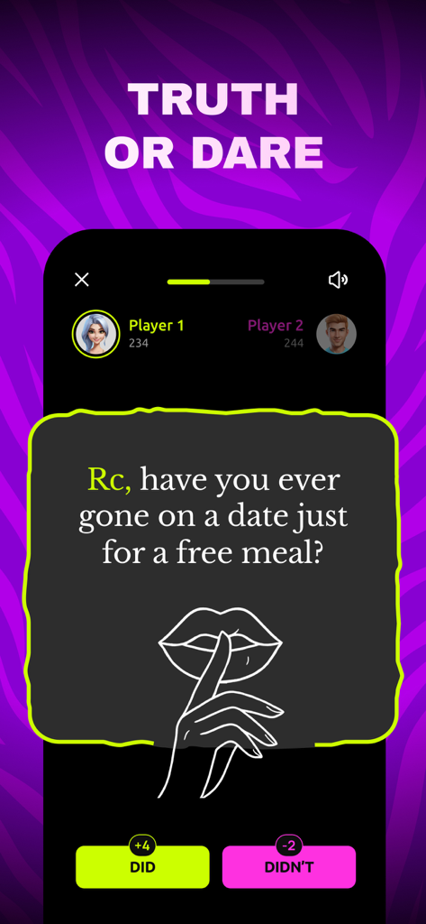 Cartão de pergunta Verdade ou Desafio na interface do aplicativo móvel Jogos para Casais