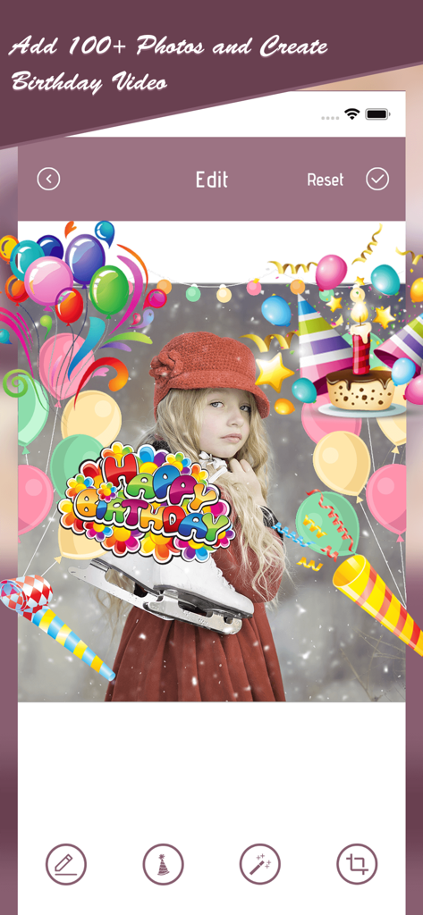 Video Maker Photos With Song - La aplicación Birthday Video Maker muestra la edición de fotos con stickers y globos de colores