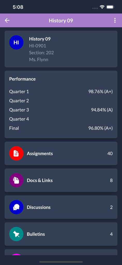 iGradePlus - iGradePlus mobile app interface showing quarterly performance and class materials for a student history course