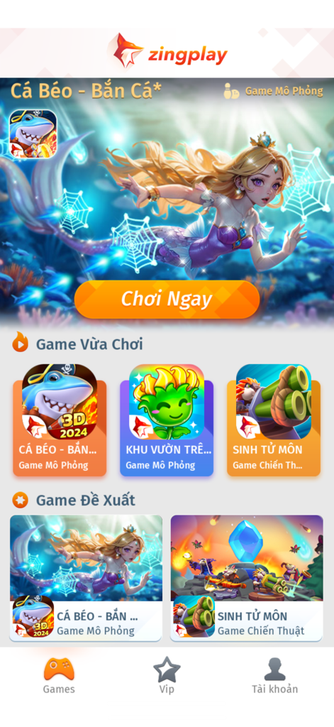 ZingPlay game giải trí-Cá béo - Pantalla de inicio de la aplicación móvil ZingPlay que presenta varios juegos arcade y de estrategia vietnamitas