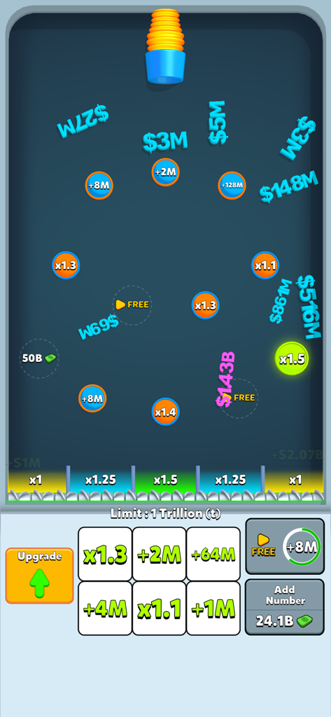 Digi Merge - A gameplay screenshot of Digi Merge showing circular bumpers with multipliers and numerical upgrades in a neon minimalist interface