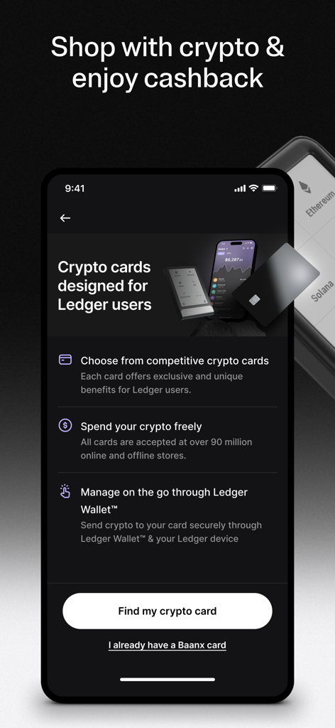 Ledger Wallet™ crypto app - 결제 및 캐시백을 위한 암호화폐 카드 옵션을 보여주는 Ledger Wallet 앱 인터페이스