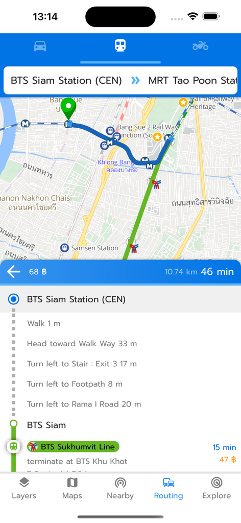 Longdo Map - Interface do aplicativo Longdo Map mostrando rota de transporte público e direções em Bangkok