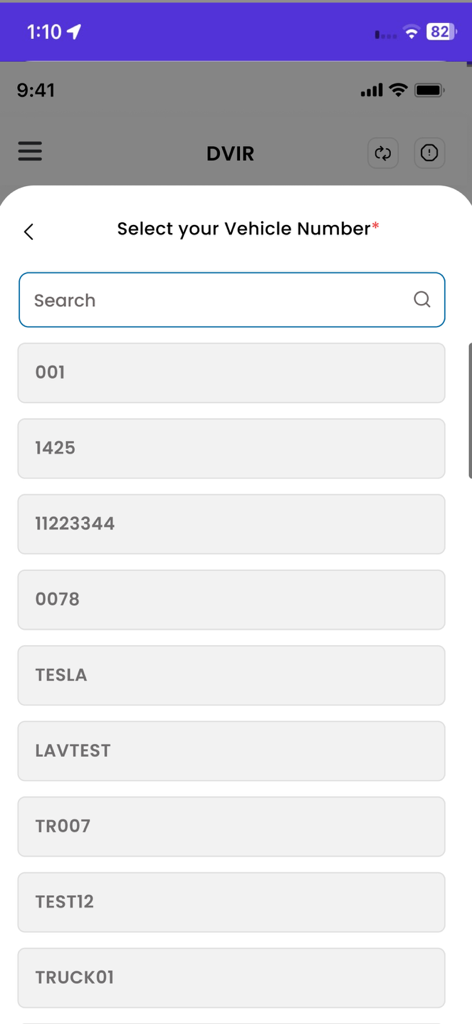Interface of the ELDMandate HOS app showing a list of vehicle numbers for a Driver Vehicle Inspection Report