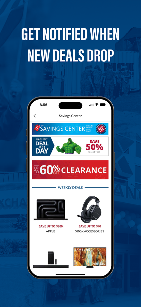 Interface of the My Exchange app Savings Center showing daily deals and clearance offers