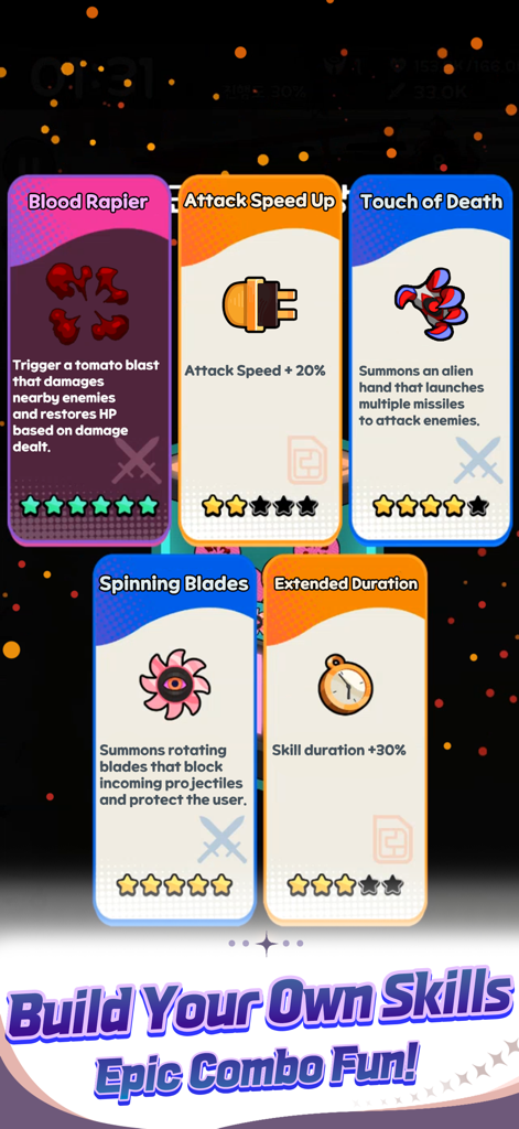 HungryAliens - A skill selection menu in the HungryAliens mobile game showing upgrade cards for Blood Rapier, Attack Speed, and Spinning Blades.