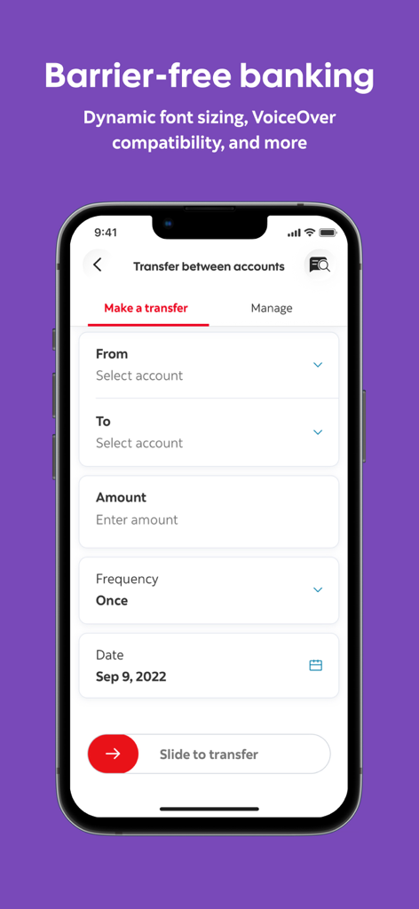 Scotiabank - Interface de l'application mobile de la Banque Scotia affichant un formulaire de transfert d'argent mettant en évidence les fonctionnalités d'accessibilité