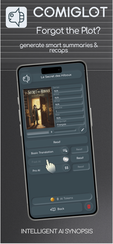 AI Comic Translator: Comiglot - Comiglot app interface showing the intelligent AI synopsis and smart summaries feature for comics