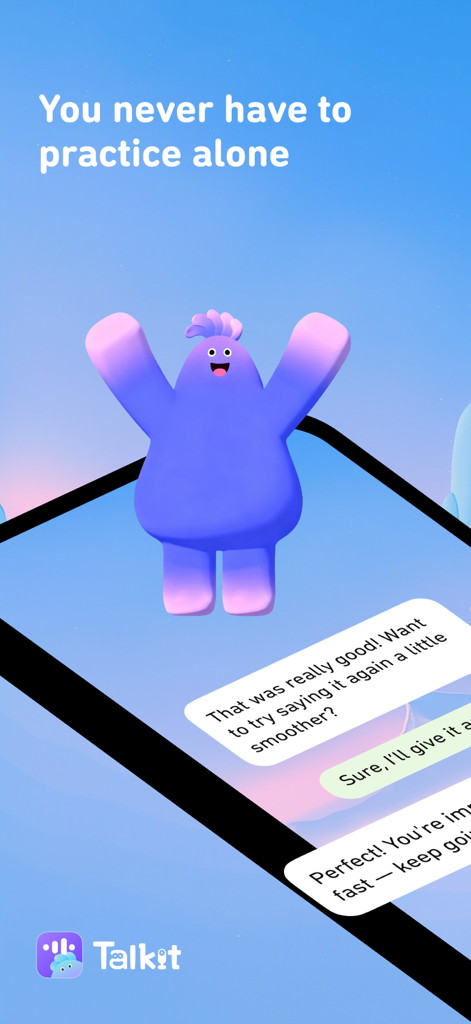 A friendly purple AI character on a phone screen encouraging a user during an English conversation practice session.