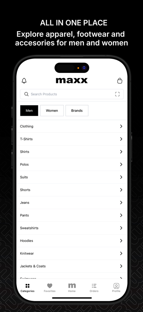 App Maxx Group mostrando una lista de categorías de moda masculina que incluyen camisas y trajes en un iPhone.