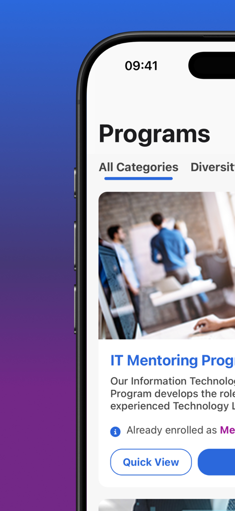 MentorcliQ - MentorcliQ app interface displaying available employee mentoring programs such as IT mentoring