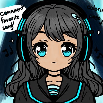cute anime girl wearing headphones with the words "comment your favorite song!" above her