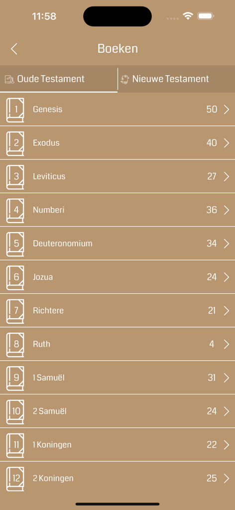 Dutch Bible Offline - List of Old Testament books in the Dutch Bible app interface