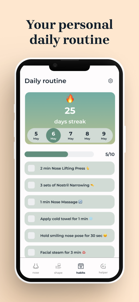 Nose Glow Up: AI Face Yoga - Interface de um aplicativo móvel mostrando uma rotina diária personalizada para exercícios de yoga facial para o nariz e uma sequência de hábitos de 25 dias.