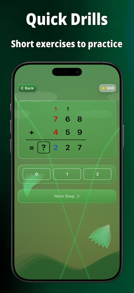 Learn Addition: Math Kids - Un problema de suma vertical con acarreo de números en una aplicación de aprendizaje de matemáticas para niños.
