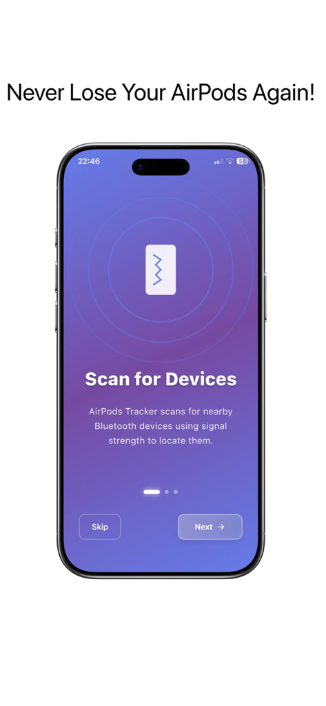 An iPhone screen displaying the scan for devices feature of the Bluetooth Finder and Tracker app.