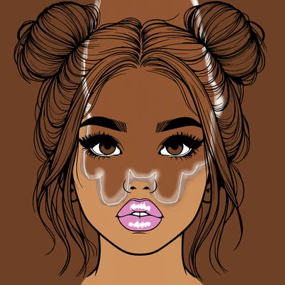 realistic girl with two buns on her hair and lips