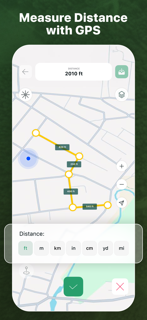 Interfaz de la aplicación GeoMark que muestra una medición de distancia GPS de 2010 pies en un mapa con múltiples opciones de unidades como metros y yardas