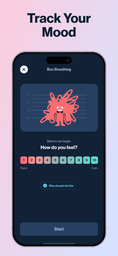 Anxiety Relief: Calmer - Interfaz de la aplicación móvil que muestra una escala de seguimiento del estado de ánimo desde el pánico hasta la calma antes de un ejercicio de respiración cuadrada.