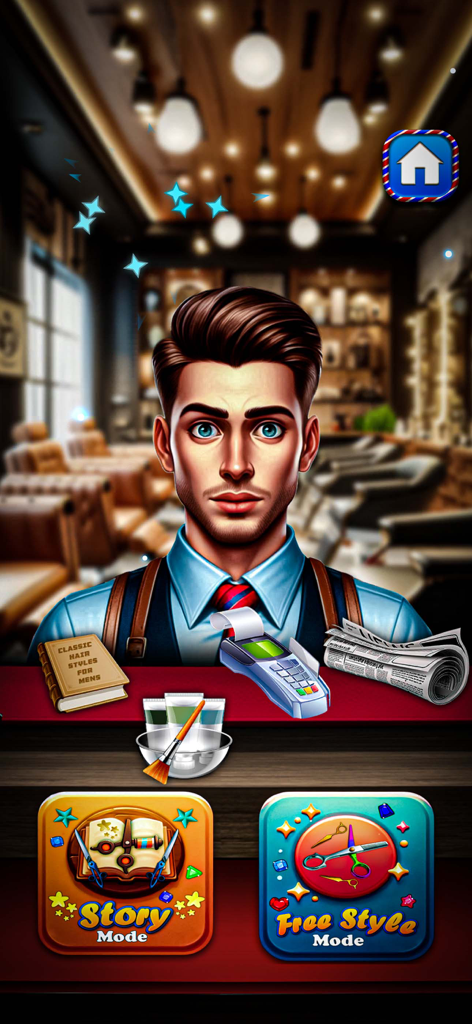 Hair Cuttery Barber Shop Games - バーバーショップシミュレーションゲームのメインメニュー。ストーリーモードとフリースタイルモードが表示されている。