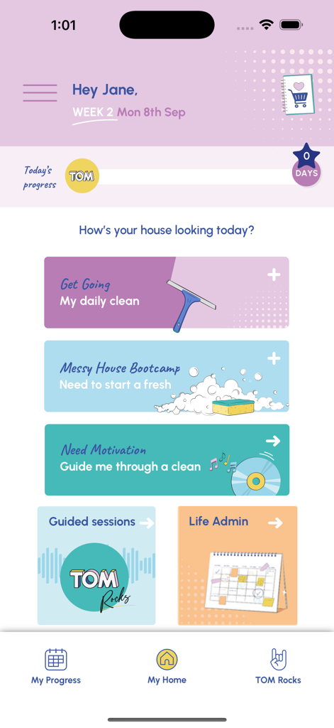 Home screen of the TOM Organised Method app showing cleaning tasks and guided sessions