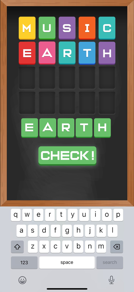 Wordall - Daily Word Test Game - Wordall mobile game interface showing a word guessing challenge with colorful letter tiles and a keyboard