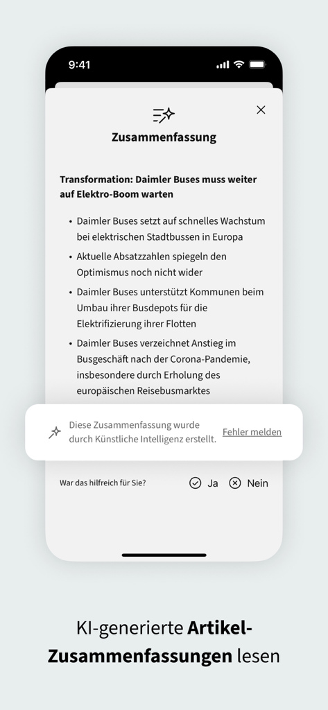 F.A.Z. - Nachrichten - Pantalla de smartphone que muestra un resumen de artículo generado por IA en la aplicación de noticias FAZ.