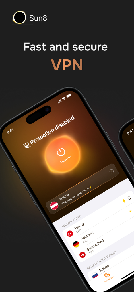 Sun8 - Sun8 VPN mobile app interface showing the connection button and server list