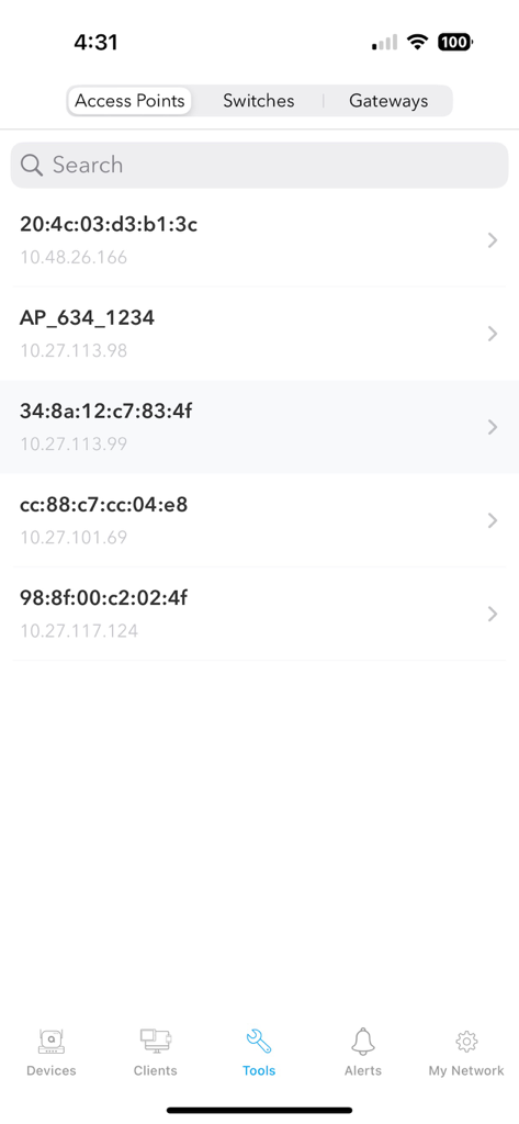 HPE Aruba Networking Centralアプリ内のIPおよびMACアドレスを含むネットワークアクセスポイントの一覧