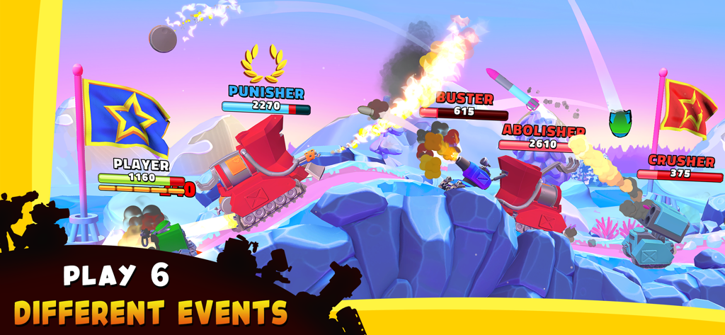 Hills of Steel 2 - A multiplayer 3v3 tank battle in Hills of Steel 2 showing physics-based combat and game events