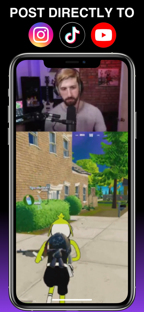 StreamKit - Edit Clips & Stats - iPhone-Bildschirm, der einen vertikalen Split-Screen-Gaming-Clip mit Social-Media-Symbolen für Instagram, TikTok und YouTube darüber anzeigt