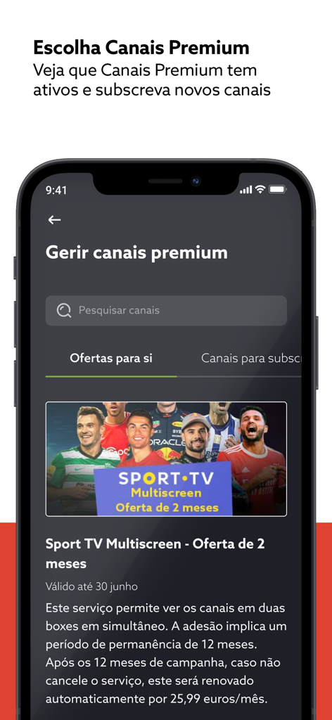 Screen of the my NOS app showing options to manage and subscribe to premium television channels with a promotional offer for Sport TV.