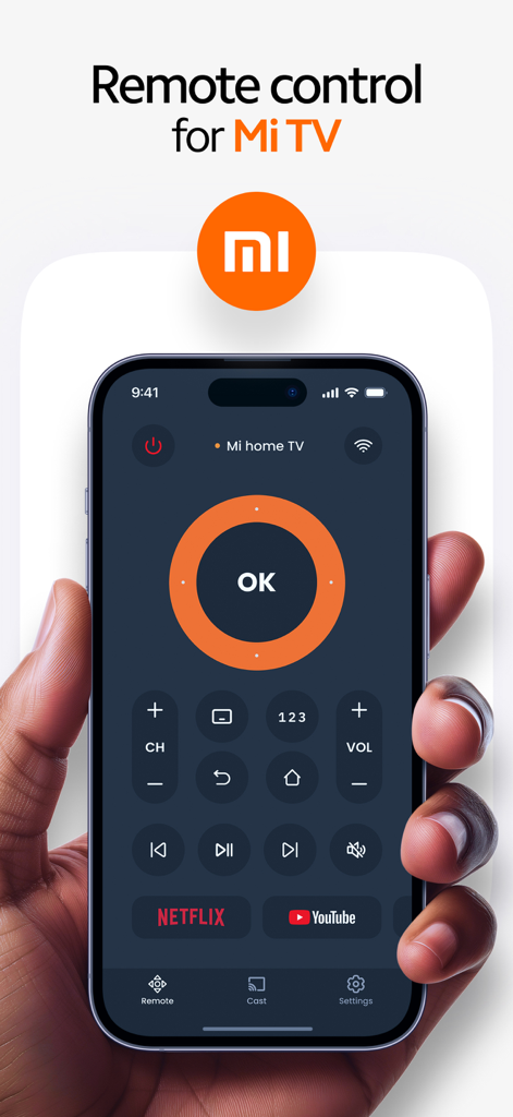 MI Remote・TV Box Controller - A hand holding an iPhone displaying the digital remote control interface for the MI Remote app with navigation and media buttons.