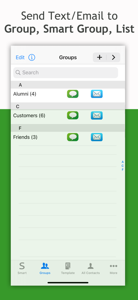 Smart Group: Email, SMS/Text - User interface of the Smart Group app showing organized contact groups like Alumni and Customers with options for group SMS and email.