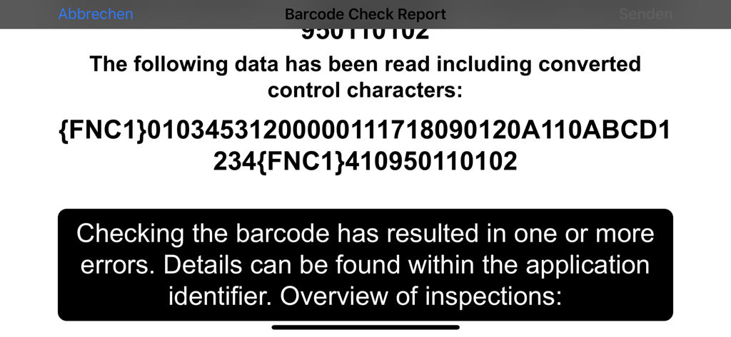 Report di validazione Controllo Codici a Barre che mostra un messaggio di errore e dati scansionati con caratteri di controllo.