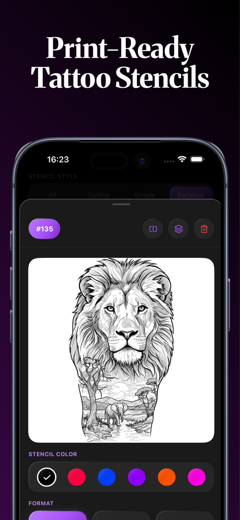 Stencil AI - Tattoo Stencils - A smartphone screen showing the Stencil AI app interface with a detailed lion and safari landscape tattoo stencil and color customization options.