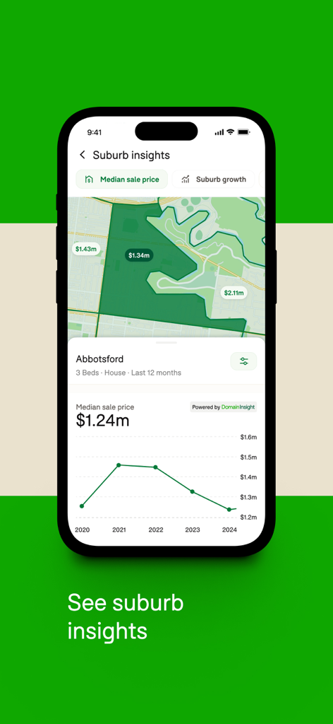 Domain real estate app screen showing suburb insights with median sale price trends and property map for Abbotsford.