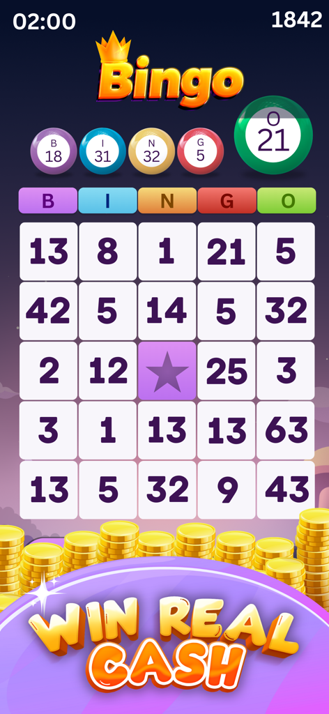 Bingo game interface showing a bingo card and win real cash message with gold coins