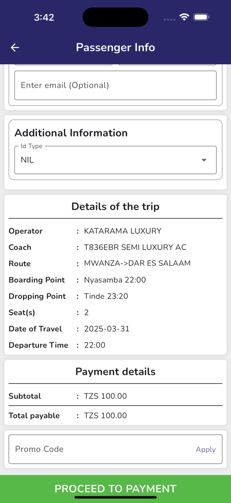 Bus trip details and payment summary screen in the Katarama Luxury app.