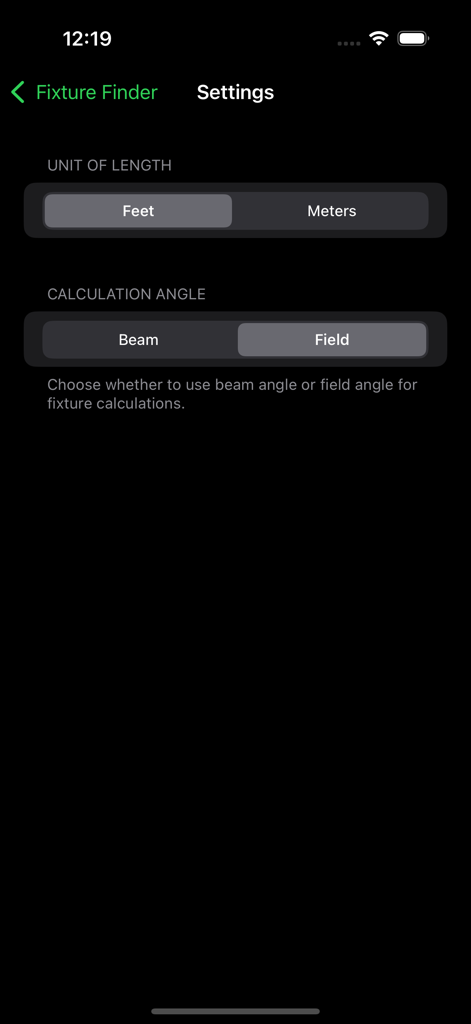 Fixture Finder - The settings interface of Fixture Finder allowing users to select measurement units and calculation angles.