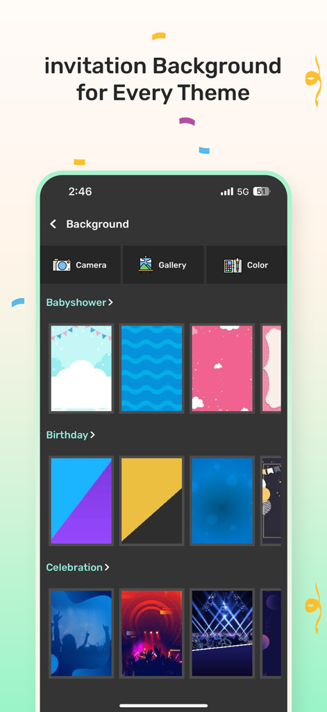 Invitation Maker : Card Maker - Invitation maker app showing background templates for baby showers birthdays and celebrations