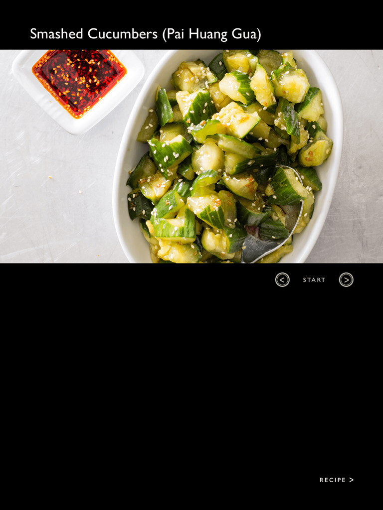 Smashed cucumbers recipe with chili oil in the Cooks Illustrated app cooking mode.