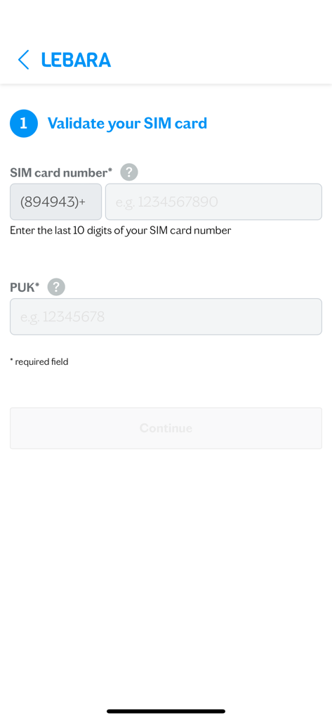Lebara SIM Activation - Pantalla para validar una tarjeta SIM Lebara introduciendo el número de tarjeta SIM y el código PUK.
